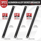 Magnetic Socket Organizer, 3-Piece Heavty Duty Aluminum Socket Holder, Socket Rail for Tool Box, Premium Quality 360° Swivel Socket Rack Kit with 40 Clips for 1/2, 3/8, 1/4-Inch(Black)