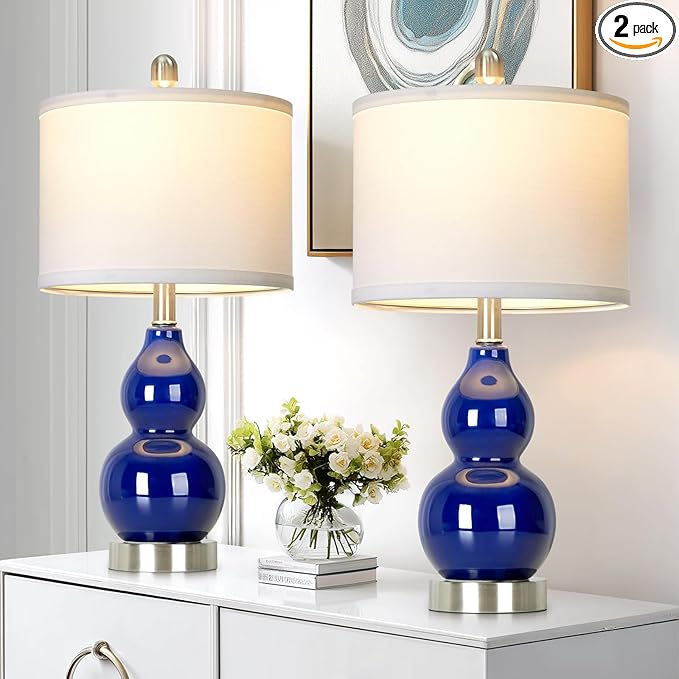22" Double Gourd Ceramic Table Lamps Set of 2, Navy Blue Modern Bedside Lamps for Living Room, Contemporary Nightstand Desk Lamps for Bedroom End Table Home Office Decor(2 LED Bulbs Included)