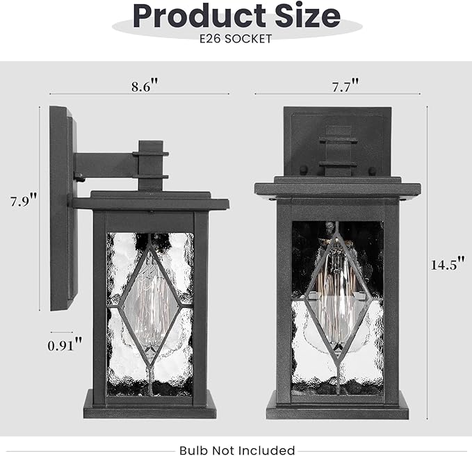 Aluminum Outdoor Wall Lights 14.5 Inch Exterior Porch Lights Wall Mount with Water Ripple Glass Black Outdoor Lighting Fixtures Wall Mount E26 Socket