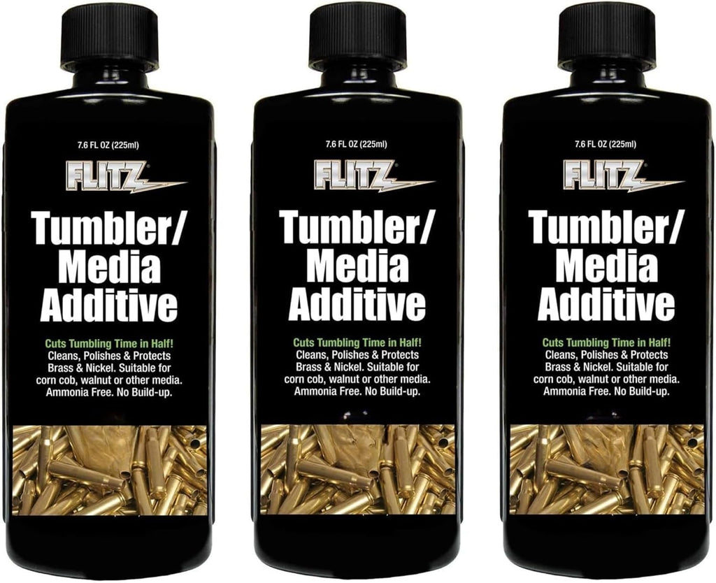 Flitz Tumbler Media Additive - 7.6oz Bottle of USA-Made Brass Cleaner Reloading Liquid for Ammo, Copper, & All Metals - Ammonia-Free Tumbling Polish to Remove Oxidation, Powder Residue (3 Pack)