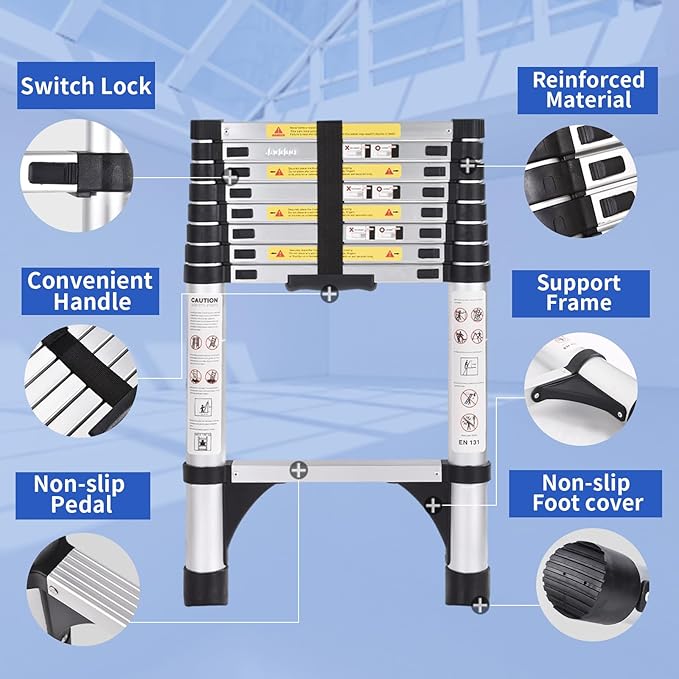 JADDUO Telescoping Ladder,8.5 FT Extension Ladder,Aluminum Lightweight Telescopic Ladder with 2 Triangle Stabilizers, Telescoping Attic Ladder RV Ladders for Travel,Collapsible Ladders for Home,Black
