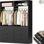 Closet System Set of 2, 4FT Closet Systems with 6 Wood Drawers, 48" Closet Organizer System with 2 Hanging Rods & 2 Shelves, Heavy Duty 48 Inch Walk-in Closet, Black (48"L x 15" W x 80" H)