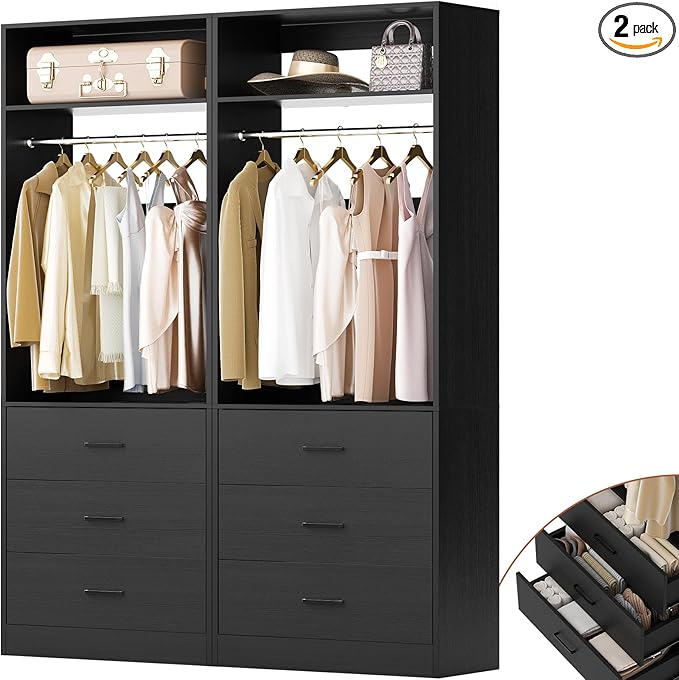 Closet System Set of 2, 4FT Closet Systems with 6 Wood Drawers, 48" Closet Organizer System with 2 Hanging Rods & 2 Shelves, Heavy Duty 48 Inch Walk-in Closet, Black (48"L x 15" W x 80" H)