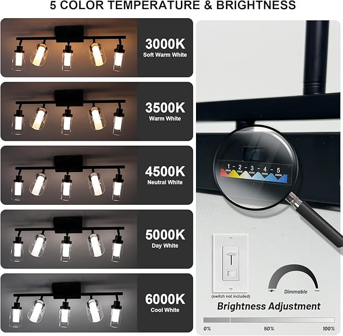 6-Light LED Black Dimmable Track Lighting Kit, 5-Color Temperature Ceiling Spotlight Bathroom Vanity Lighting with Integrated LED Chips & Clear Glass Shade & Frosted Column