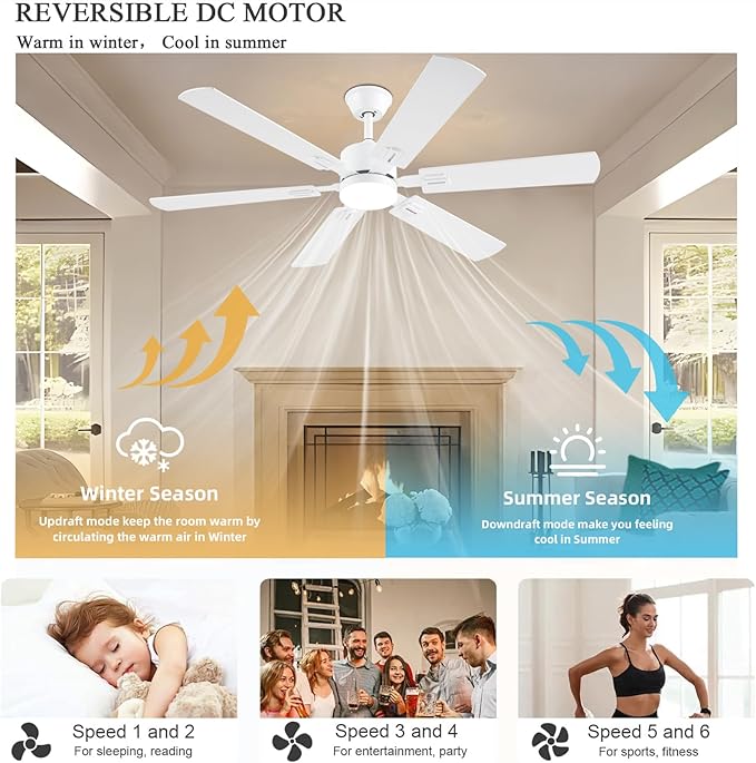 56inch Modern White Ceiling Fans with Lights and Remote/App Control, Dimmable LED, Reversible DC Motor, Noiseless, 6 Double-side Blade Low Profile Ceiling Fan for Livingroom Indoor/Outdoor Use