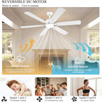 56inch Modern White Ceiling Fans with Lights and Remote/App Control, Dimmable LED, Reversible DC Motor, Noiseless, 6 Double-side Blade Low Profile Ceiling Fan for Livingroom Indoor/Outdoor Use
