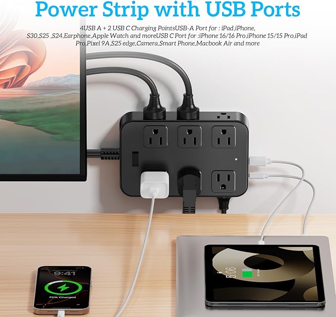 Flat Plug Power Strip Surge Protector 5 Ft Extension Cord with 12 AC Outlets 6 USB Ports 3 Side Multi Plug Outlet Extender Home Office Kitchen Dorm Room Wall Desk Charging Station ETL Listed