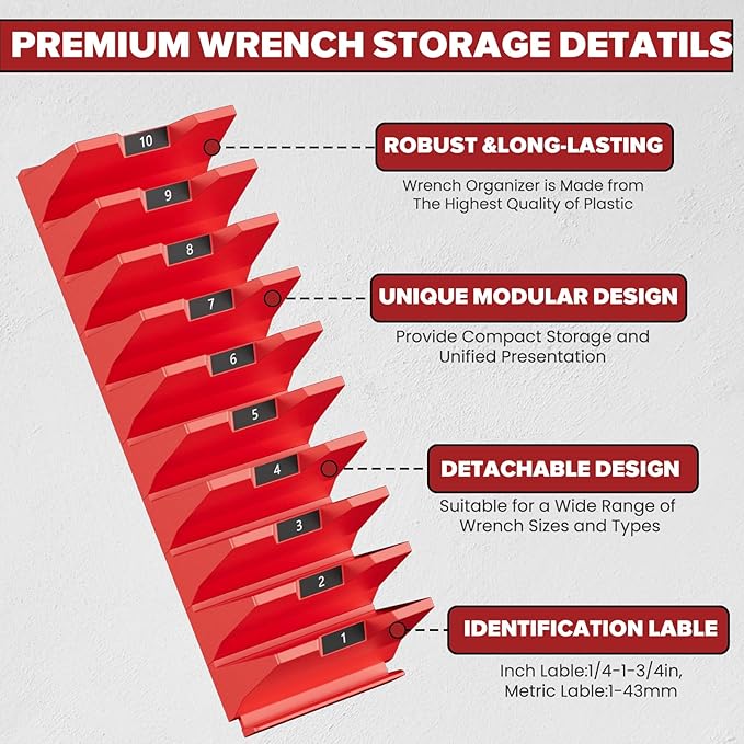 40PCS Modular Wrench Organizer Wrench Holder - Wrench Tool Organizers for Tool Drawer Storage, Wrench Storage Set with Metric & SAE Label, Wrench Rack Tool Gift for Professional Mechanics Men, Red