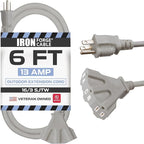 Iron Forge Cable 6 Ft Gray Outdoor Extension Cord with Multiple Outlets, 16/3 SJTW 6 Foot Grey Outdoor & Indoor Extension Cord with 3 Outlets, 3 Prong, Weatherproof 13 Amp Heavy Duty Power Cable