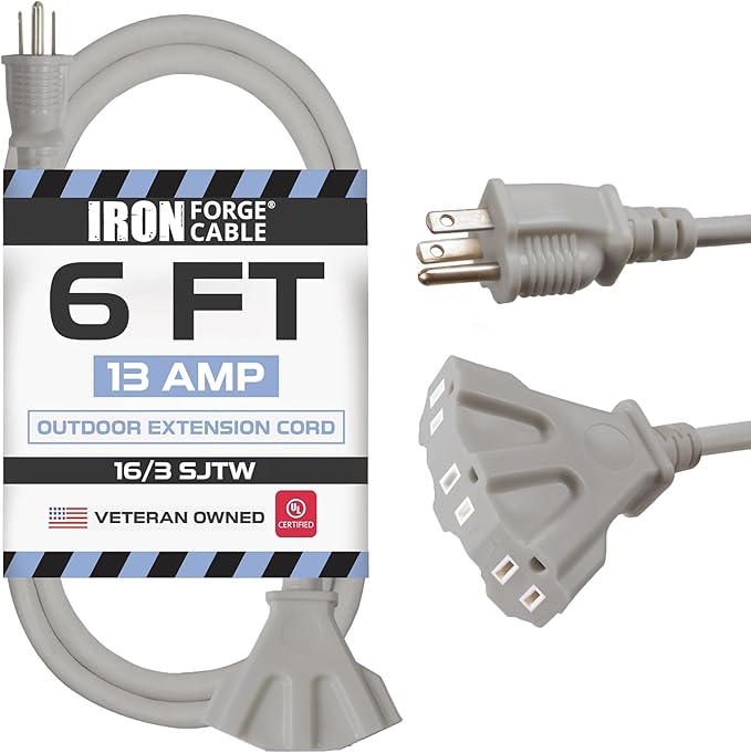 Iron Forge Cable 6 Ft Gray Outdoor Extension Cord with Multiple Outlets, 16/3 SJTW 6 Foot Grey Outdoor & Indoor Extension Cord with 3 Outlets, 3 Prong, Weatherproof 13 Amp Heavy Duty Power Cable