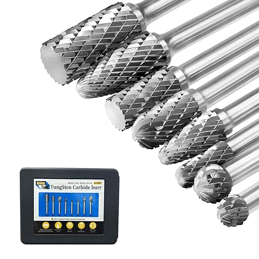 Carbide Burr Set 8pcs with 1/4''Shank Double Cut Solid Power Tools Tungsten Carbide Rotary Files Bits for Die Grinder Metal Wood Carving Engraving Polishing Drilling Grinding Milling Cutting
