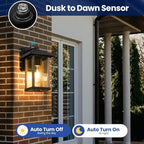 Outdoor Wall Sconce, Dusk to Dawn Outside Porch Light Fixtures, Anti-Rust Exterior Wall Lights in Wood Grain & Black Finish with Clear Glass for Garage Doorway Entryway, 2 Pack