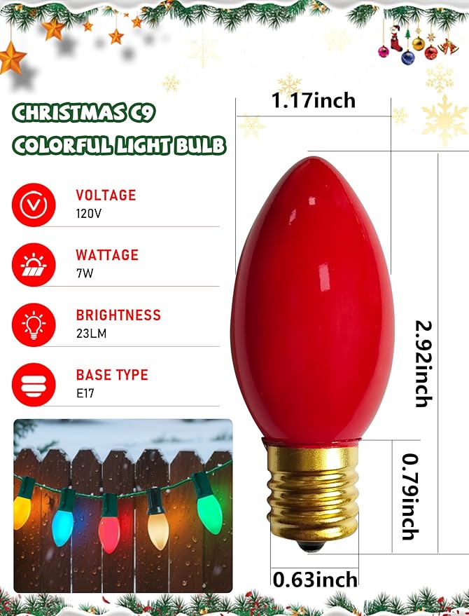 25 Pack C9 Christmas Replacement Bulbs, 7W Ceramic Multicolor Incandescent Night Light Bulbs for Outdoor String Lights, Multicolor Christmas Bulbs for Porch, Patio, Garden, Holiday Decor, E17 Base