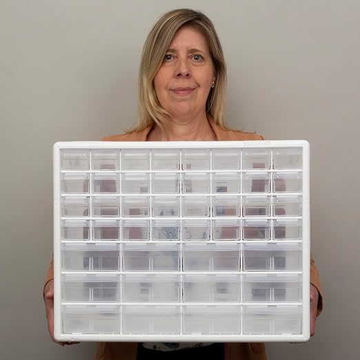 Akro-Mils 44-Drawer Plastic Drawer Storage Cabinet for Garage Organization, Bead Organizer, Building Bricks Storage, Teacher Toolbox, Makeup Organizer, 20" W x 6" D x 16" H, 10144 White