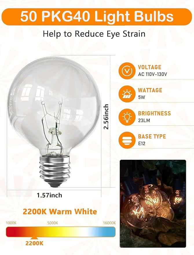 Abeja G40 Replacement Light Bulbs,Clear Globe Bulb fits E12 C7 Candelabra Screw Base Sockets, 1.5 Inch 5 watt Clear Glass Incandescent Bulbs for Indoor Outdoor Patio Decor, Warm White-50 Pack