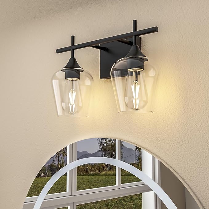 Vanity Bathroom Light, 2-Light Bathroom Light Fixtures Over Mirror, Black Vanity Lights for Bathroom with Clear Glass, Modern Wall Lamp for Cabinet Hallway, Bedroom