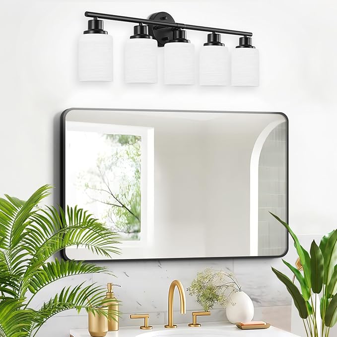 5-Light Bathroom Light Fixtures, E26 Base Vanity Lights for Mirror with Textured Milky White Glass Shade, Modern Kitchen Light Fixtures Wall Sconce Light - Black