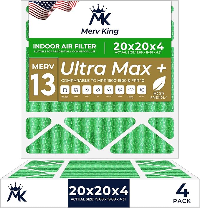 MervKing 20x20x4 Air Filter Actual Size: 19.88" x 19.88" x 4.31" MERV 13 MPR 1500-1900 | MADE IN USA | 4-Pack | Pleated HVAC AC Furnace Replacement