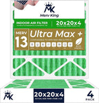 MervKing 20x20x4 Air Filter Actual Size: 19.88" x 19.88" x 4.31" MERV 13 MPR 1500-1900 | MADE IN USA | 4-Pack | Pleated HVAC AC Furnace Replacement