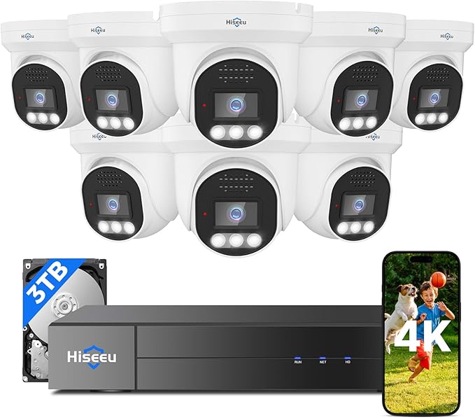 [4K HD+121°Wide View] Hiseeu 4K Security Camera System, 8 Pcs 8MP PoE Security Camera Outdoor, Human Vehicle Detect, Color Night Vision,No Monthly Fee, 3TB HDD for Indoor Outdoor Home Surveillance Use