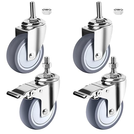 Stainless Steel Caster Wheels 4 inch with Brake, 1/2"-13x1-1/2 Threaded Stem Casters Set of 4, Non-Marking Slient TPR Rubber Wheels for Furnitures,Restaurants,Labs,Hospital