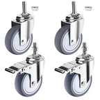 Stainless Steel Caster Wheels 4 inch with Brake, 1/2"-13x1-1/2 Threaded Stem Casters Set of 4, Non-Marking Slient TPR Rubber Wheels for Furnitures,Restaurants,Labs,Hospital
