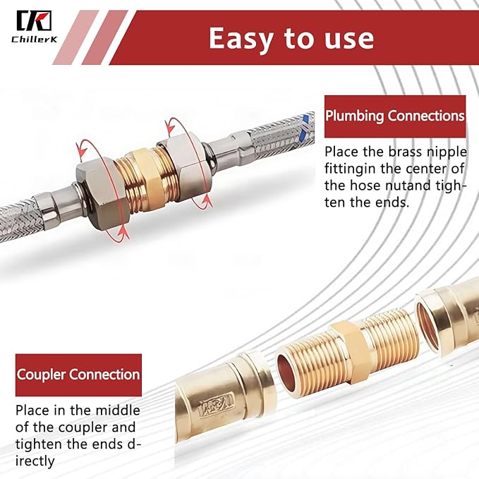 Hex Couplings, 3/8" NPT Male To Male Brass Hex Nipple Adapters, Brass Pipe Extension Fittings for Oil/Air/Water/Gas Systems. (2 Pack)