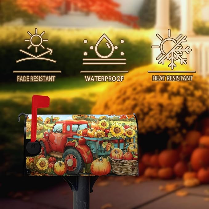 Fall Autumn Pumpkins Mailbox Covers Magnetic Large Size 25.5 X 21 Inch Autumn Harvest Yellow Sunflower Mailbox Wraps Cover Red Truck Thanksgiving Letterbox Cover for Garden Yard Outdoor Decor