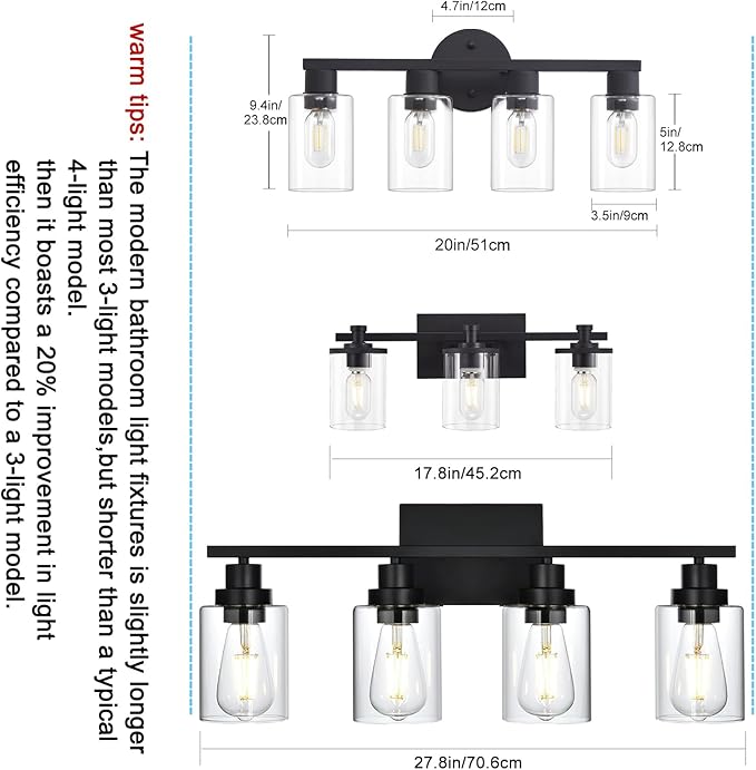 4 Light Bathroom Vanity Light, Matte Black Bathroom Light Fixtures with Clear Glass Shade, 4-Light Vanity Lights, Black Lighting Fixtures for Bath Mirror Bedroom Living Room Hallway Porch
