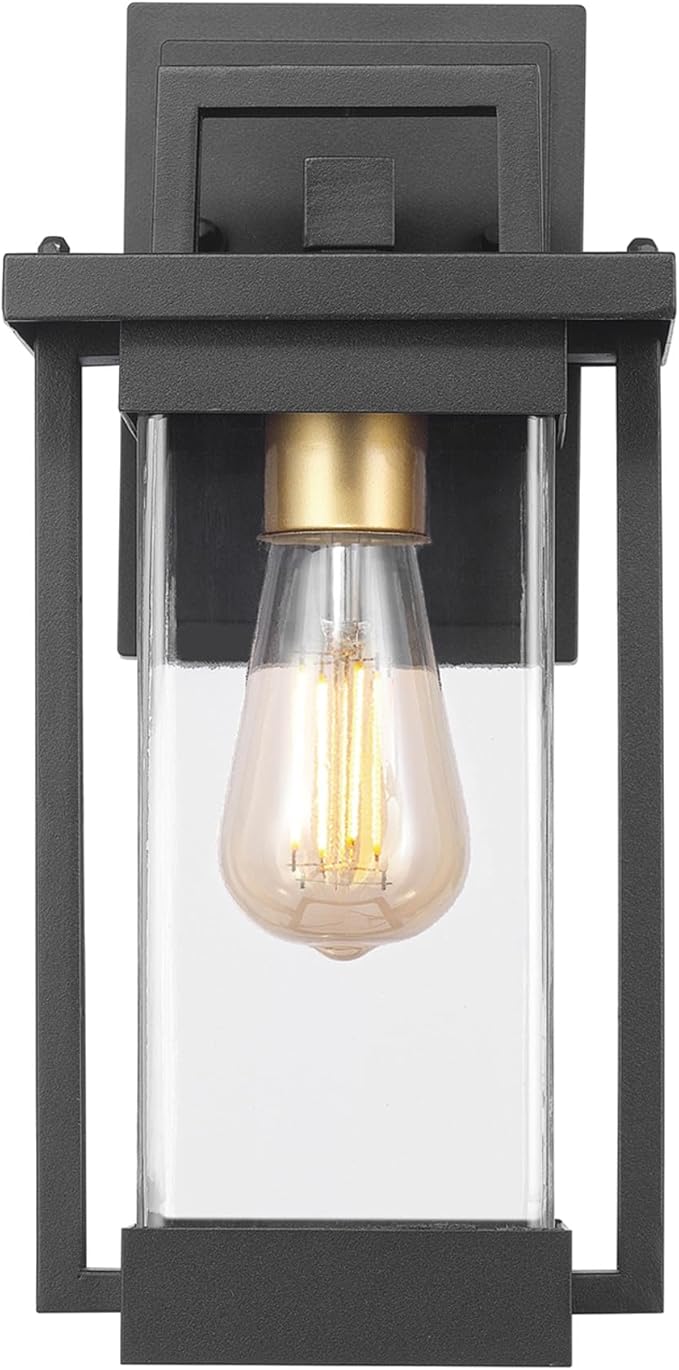 GLOBE Electric 60000028 1-Light Outdoor Wall Sconce, Matte Black, Brass Accent, Clear Seeded Glass Shade, Weather Resistant, Front or Back Porch Decor, Modern Exterior Lighting, Patio Lights