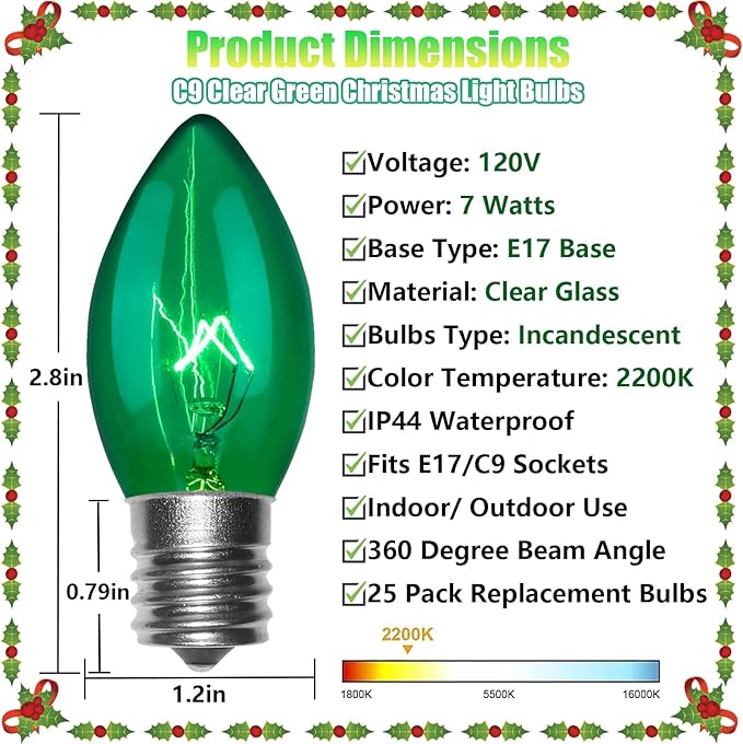 C9 Christmas Light Replacement Bulbs, 25 Pack Clear Green Christmas Light Bulbs, E17 Intermediate Base Bulb for Outdoor String Lights St Patricks Day Xmas Lights, 7Watt