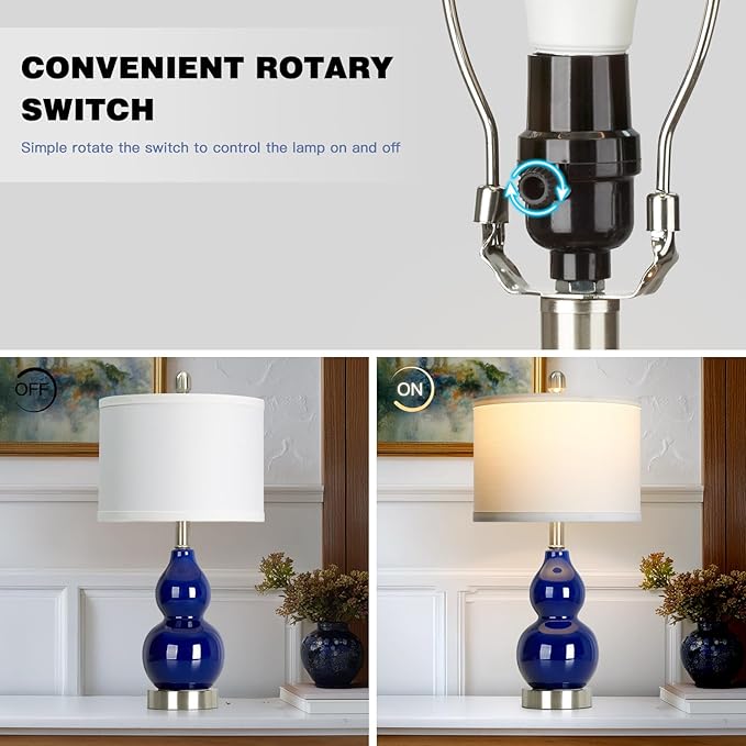 22" Double Gourd Ceramic Table Lamps Set of 2, Navy Blue Modern Bedside Lamps for Living Room, Contemporary Nightstand Desk Lamps for Bedroom End Table Home Office Decor(2 LED Bulbs Included)