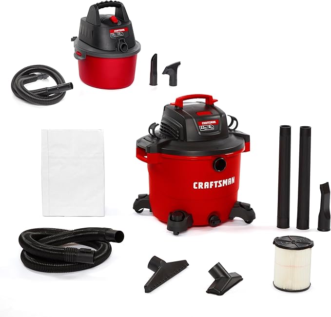 CRAFTSMAN CMXEVBE17595 16 Gal. 6.5 Peak HP Wet/Dry Shop Vacuum with Filter, Dust Bag, Hose, Attachments and CMXEVBE17250 2.5 Gal. 2.5 Peak HP Portable Vac with Filter Bag, Hose and Attachments