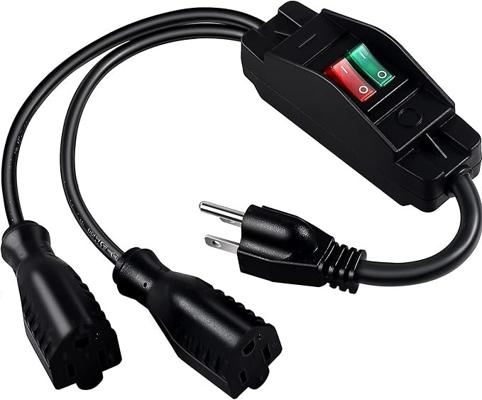 2 Way Extension Cord with On/Off Switch, 3 Prong Outdoor Extension Cord Splitter, Heavy Duty SJTW 14AWG 15A/125V and 18AWG 10A/125V Power Cord (1.6 Ft, Black)