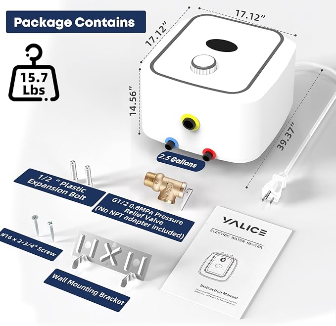 YALICE Electric 2.5 Gallons Tank Water Heater with T&P Relief Valve, Under Sink Instant Hot Water Heaters, 1500W Electric Mini Tank Water Heater Compact Design for RV, Kitchen, Food Truck