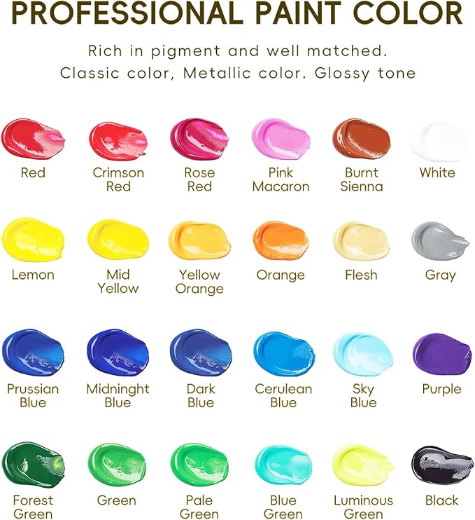 24 Colors Acrylic Paint Set, 2oz Bottles Classic Color, Rich Pigmented Canvas Paint Set, Premium Non-toxic Acrylic Paint for Artists, Kids & Adults, Art Supplies for Canvas Painting Rocks Wood Ceramic Model with 10 Brushes & Palette