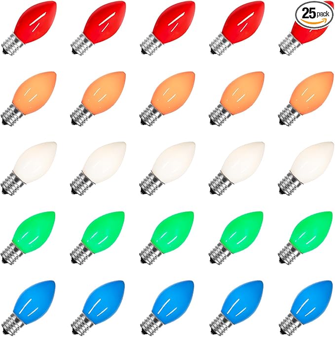 25 Pack Multicolor C7 Christmas Lights Replacement Bulbs Vintage Ceramic Multi-Colored Light Bulbs for Christmas Tree & Indoor Outdoor Xmas Lights C7 Replacement Bulbs, E12 Base, 5W
