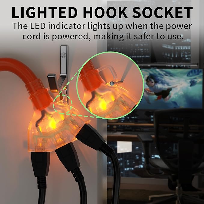 POWGRN 10 FT 12/3 Gauge Extension Cord with Multiple Outlets Outdoor, 3 Outlet Extension Cord Heavy Duty Orange with Lighted, Tri-Tap Power Cable, 12AWG 15Amp 1875Watts 125Volts SJTW, ETL Listed