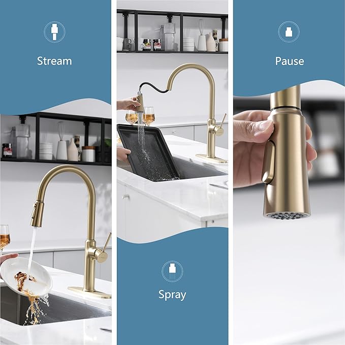 Kitchen Sink Faucets Brushed Gold, High-Arc Single Handle Kitchen Faucet with Pull Down Sprayer, Solid Brass Tall Kitchen Faucets