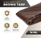 ATERET 10' x 20' Super Heavy Duty 16 Mil Brown Poly Tarp Cover - UV Resistant, Thick Waterproof, Rip and Tear Proof Tarpaulin with Grommets and Reinforced Edges