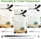 52 Inch Ceiling Fans with Lights and Remote, Dimmable 3 Blade Wood Outdoor Ceiling Fan Outdoor Fans for Patios Low Profile Modern Ceiling Fan with Light for Living Room Indoor Matte Black