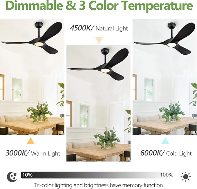 52 Inch Ceiling Fans with Lights and Remote, Dimmable 3 Blade Wood Outdoor Ceiling Fan Outdoor Fans for Patios Low Profile Modern Ceiling Fan with Light for Living Room Indoor Matte Black