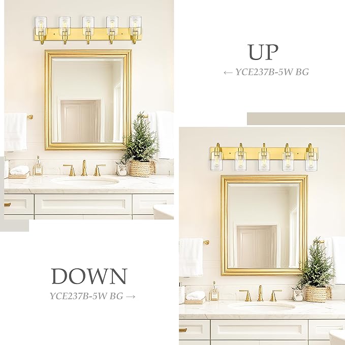 Emliviar 5-Light Vintage Vanity Lighting for Bathroom, 37-Inch Wall Mount Light Fixture with Clear Glass Shade, Brushed Gold Finish, YCE237B-5W BG