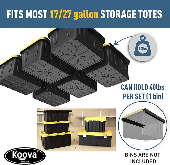 Koova Heavy-Duty Overhead Garage Storage Rack for 6 Bins. Adjustable Width, 240lb Capacity. DIY Safe Mount, Easy Install. Fits 27-Gallon Totes. USA Made Pro-Grade Steel. Space Saving Organizer