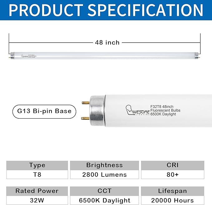 F32T8/865 Fluorescent Light Bulb, 48 Inch, 32 Watts, 6500K Daylight, 2800 Lumens, G13 Bi-Pin Base, 4FT T8 Fluorescent Tube Light Bulbs - 5 Pack