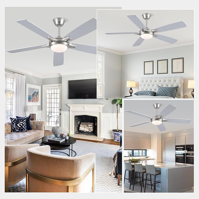 52 Inch Ceiling Fans with Lights and Remote, Modern Indoor Outdoor Ceiling Fan for Bedroom Living Room Patio Porch, 6 Speeds, Reversible Quiet Motor, Dual Finish Wooden Blades, Nickel