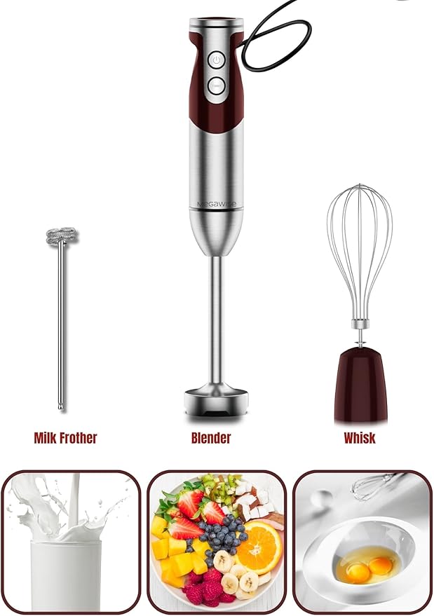 MegaWise Pro Titanium Reinforced 3-in-1 Immersion Corded Hand Blender, Powerful MOTOR with 80% Sharper Blades, 12-Speed Corded Blender, IncludingWhisk and Milk Frother (3-in 1 Red)