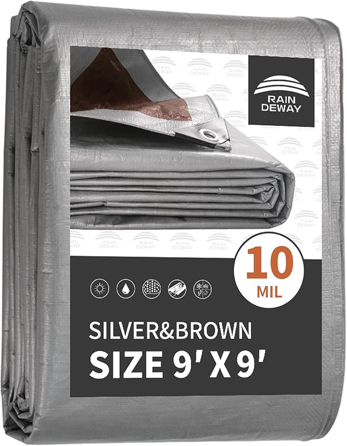 RAINDEWAY Tarps Heavy Duty Waterproof 9x9 Feet,10Mil Thick Multipurpose Poly Tarp Cover with Metal Grommets and Reinforced Edges,Silver/Brown Tarp