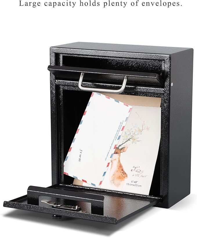 KYODOLED Steel Combination Lock Mail Boxes Outdoor, Locking Wall Mount Mailbox, Security Key Drop Box,12H x 10.51L x 4.68W Inches, Black Large