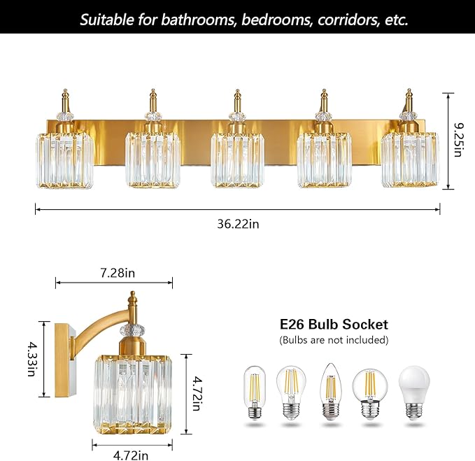 5-Light Crystal Vanity Lights - Gold, Modern Over-Mirror Bathroom Light Fixtures